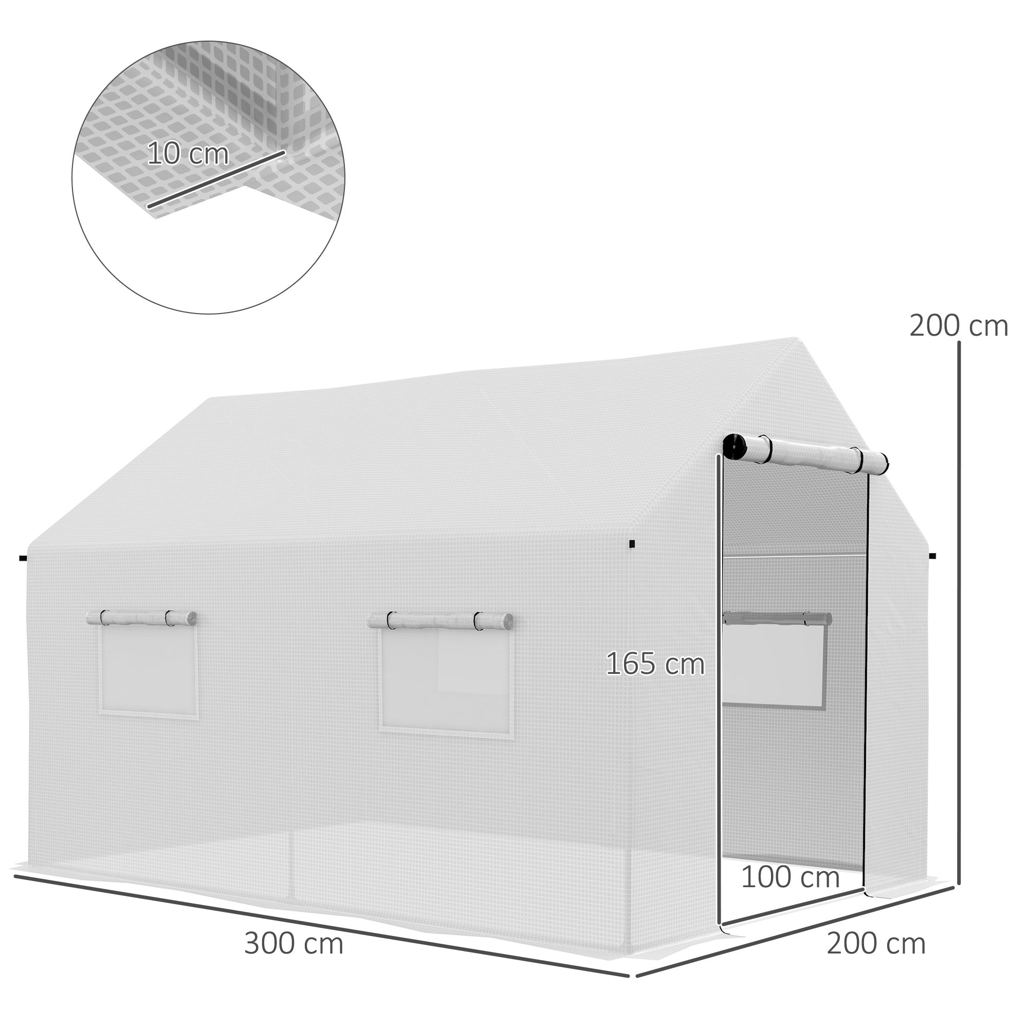 Serre de jardin tunnel 2x3m,6m² avec porte enroulable,4 fenêtres,- Acier galvanisé PE Haute densité Blanc - 5