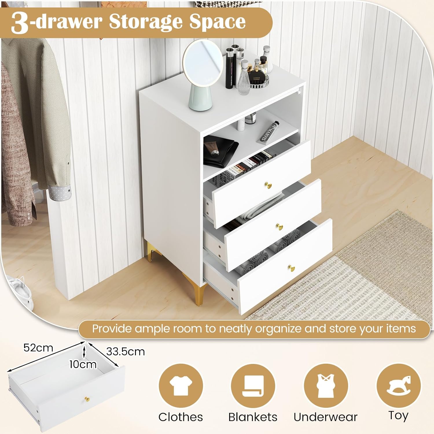 Cassettiera 4 Cassetti Bianca 55x33x80cm | Com&ograve; Camera Da Letto Con Guide Scorrevoli, Design Moderno