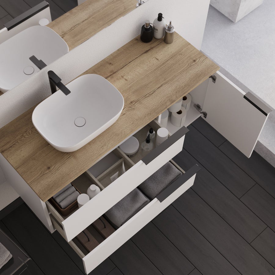 Meuble de salle de bain 120cm avec vasque à poser arrondie et miroir avec appliques - blanc - KING - 4