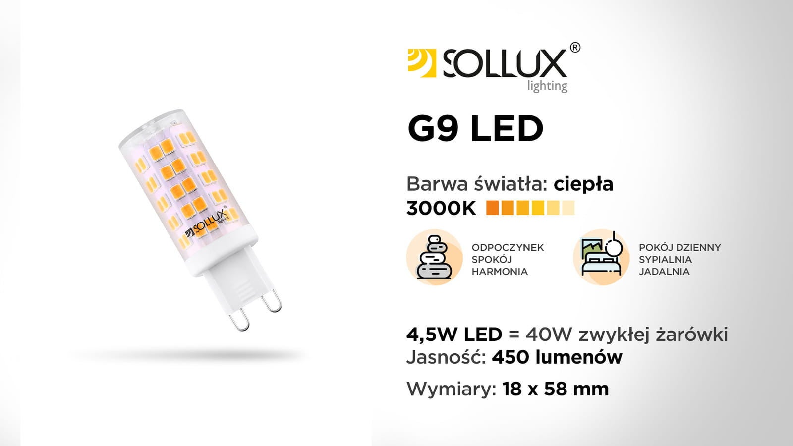 Żarówka LED G9 4.5W kapsułka przezroczysta Ciepła biel 3000K 510lm Sollux Lighting - 3