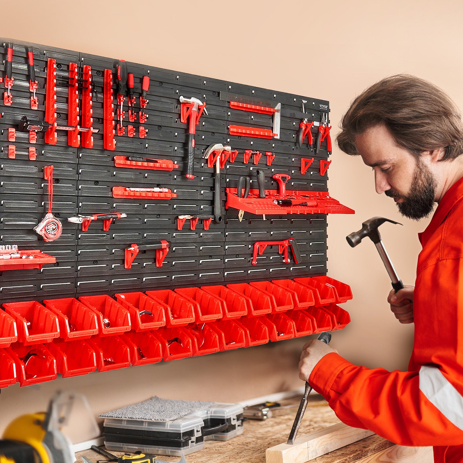 Étagère Bac à Bec Plastique,VEVOR 30 Boites Rangement Empilables Atelier Garage avec Panneaux Muraux,Organisateur Outils pour Écrous,Clous,Noir/Rouge - 8