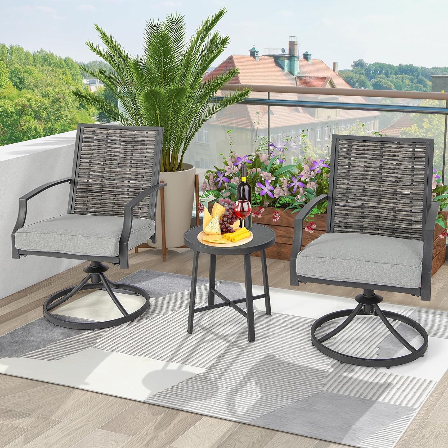 Set Salotto da Giardino in Rattan PE, Set da Esterno con 2 Poltrone Girevoli, 2 Cuscini e Tavolo, Set Attedo Giardino Struttura in Ferro, per - 2