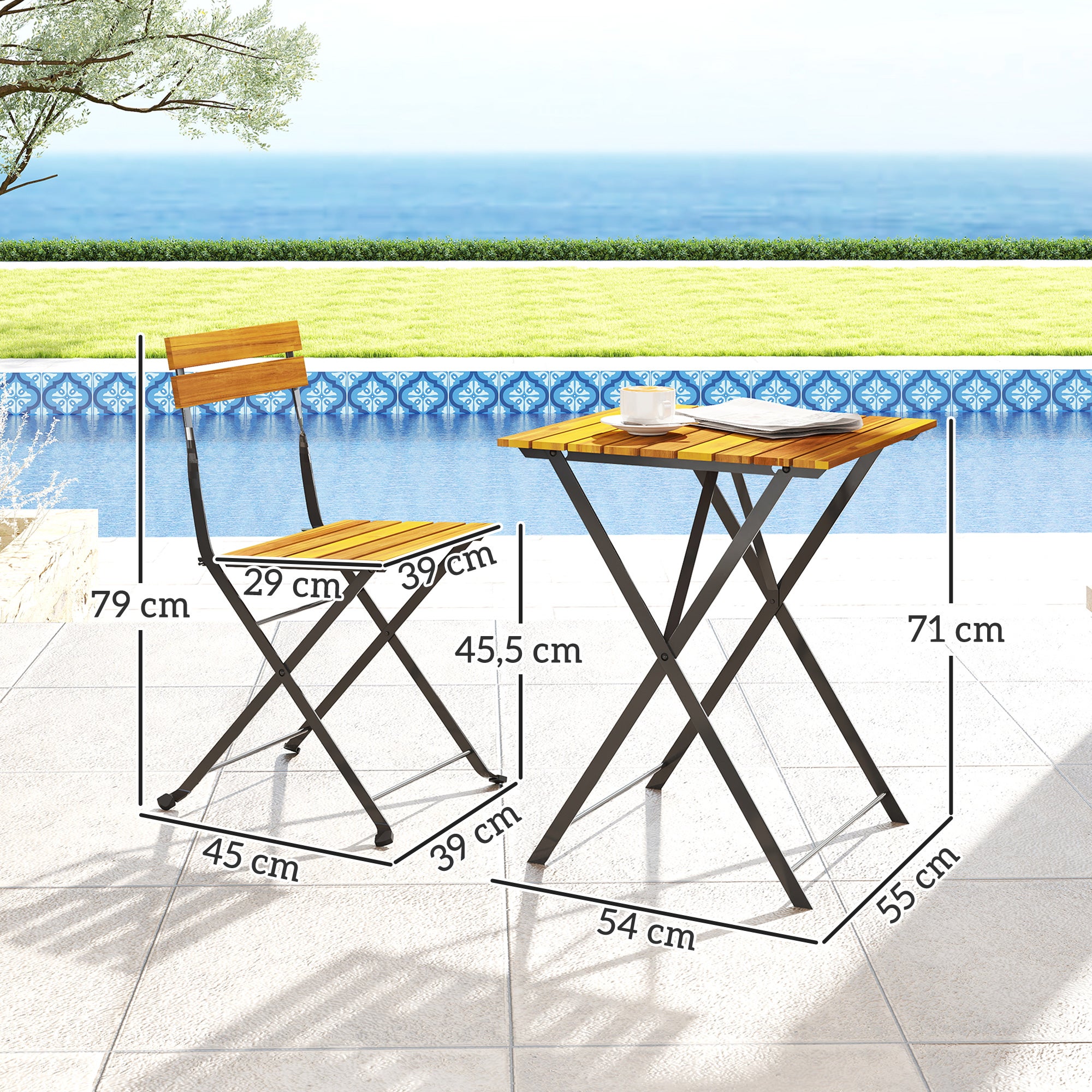 Ensemble de salle à manger 3 pièces pour 2 personnes, table pliante avec 2 chaises pliantes pour terrasse/balcon, en teck - 5