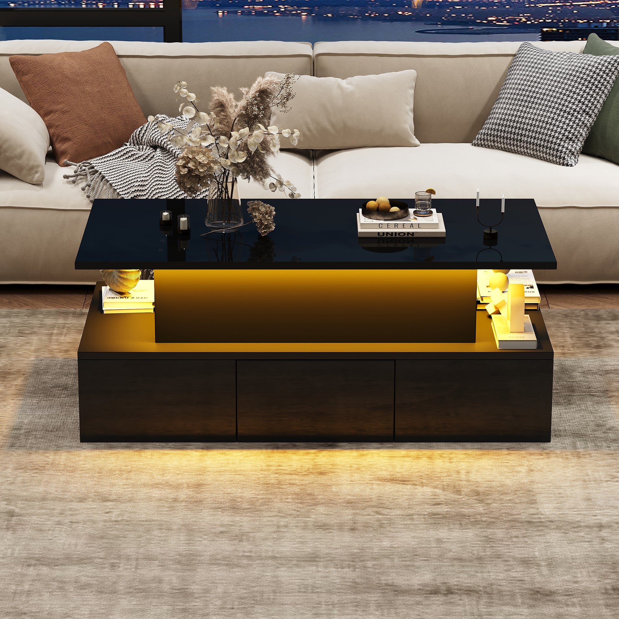 Stolik kawowy z podnoszonym blatem i 4 szufladami - 100 x 50 x 40 cm - diody LED - płyta MDF - połyskujący czarny