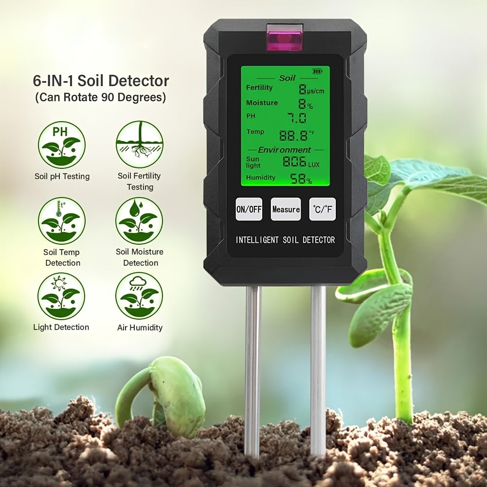Testeur de sol 6 en 1 avec écran LCD, analyse de la fertilité du sol, humidité des nutriments, pH, humidité et température. - 6