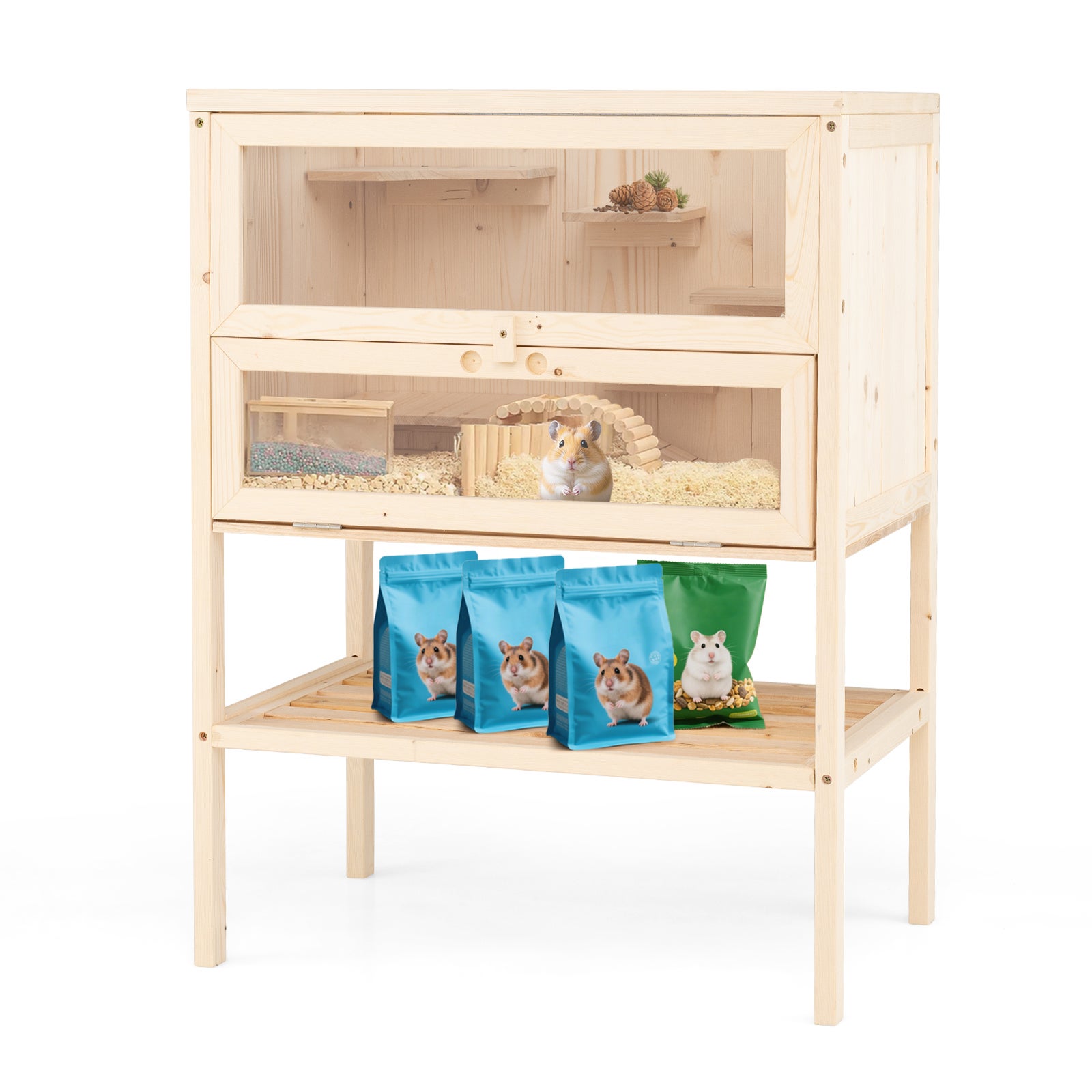 Cușcă din lemn pentru hamster, cușcă pentru hamster, acoperiș rabatabil,spațiu de depozitare în partea de jos, ușă cu încuietoare, 60x40x80 cm