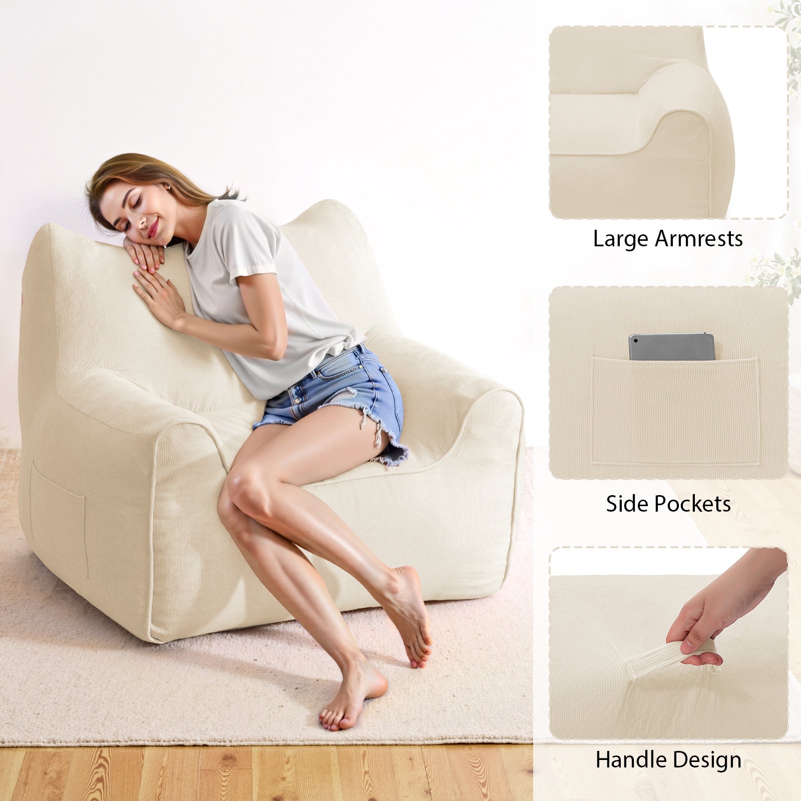 Poltrona de veludo cotelê, pufe 90x75x75cm, para quarto, sala de estar, presente de Natal - Bege - 7