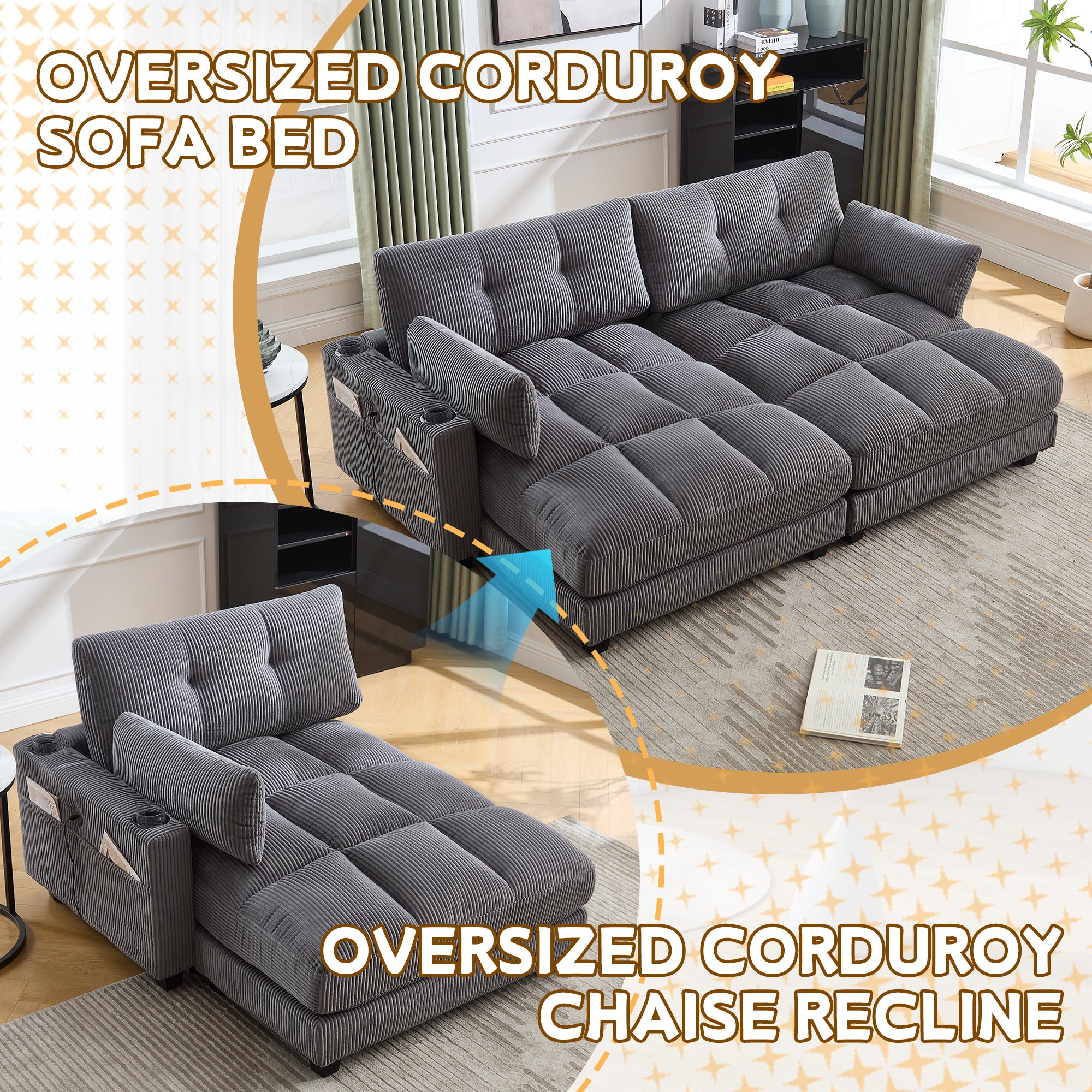 Canapé moelleux L 140 x P 112 x H 81 cm - 2 Porte-Gobelets et 1 poche latérale - Avec port USB-C - velours côtelé - gris - 5