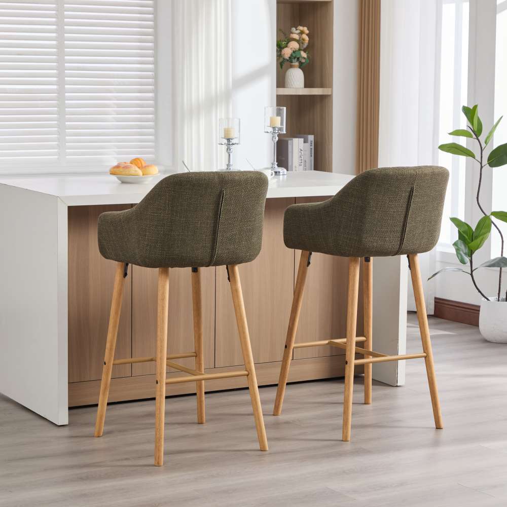 Tabouret de bar moderne vert en lin avec dossier haut et accoudoirs, pieds en bois, lot de 2, style européen pour cuisine ou îlot - 8