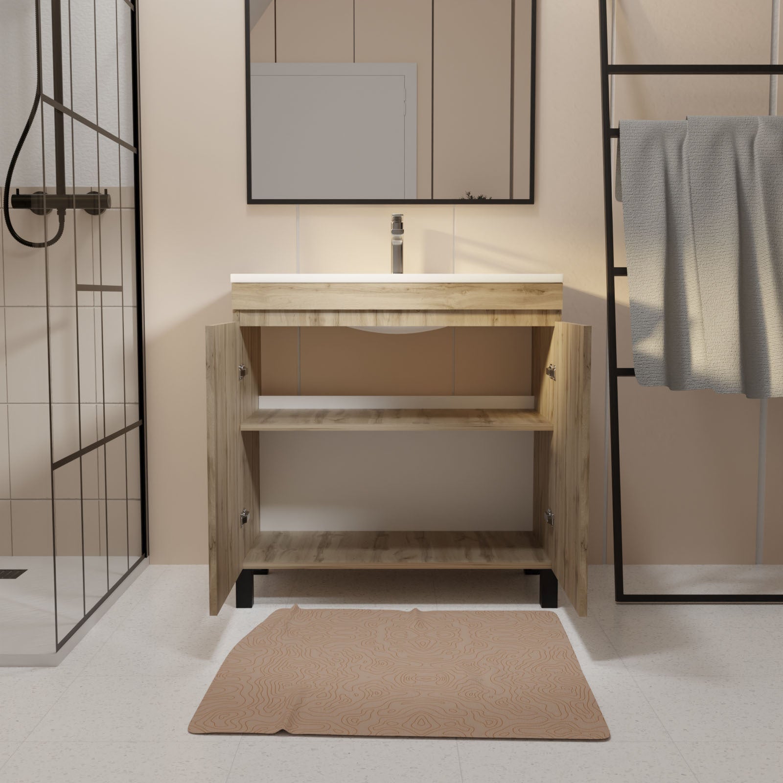 Meuble de salle de bains 80cm 2 Portes_Chêne Naturel + Vasque céramique blanche - TIMBER 80 - 6