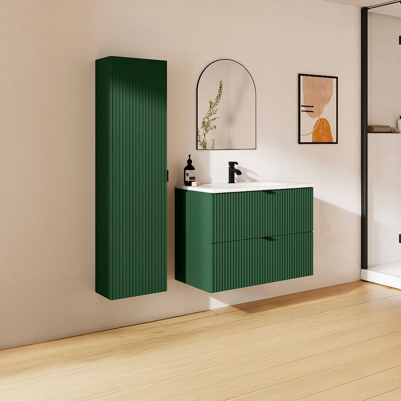 Wisząca szafka pod umywalkę prążkowana z umywalką nablatową i słupkiem - Matowa zieleń - 80 cm - ZEVINI