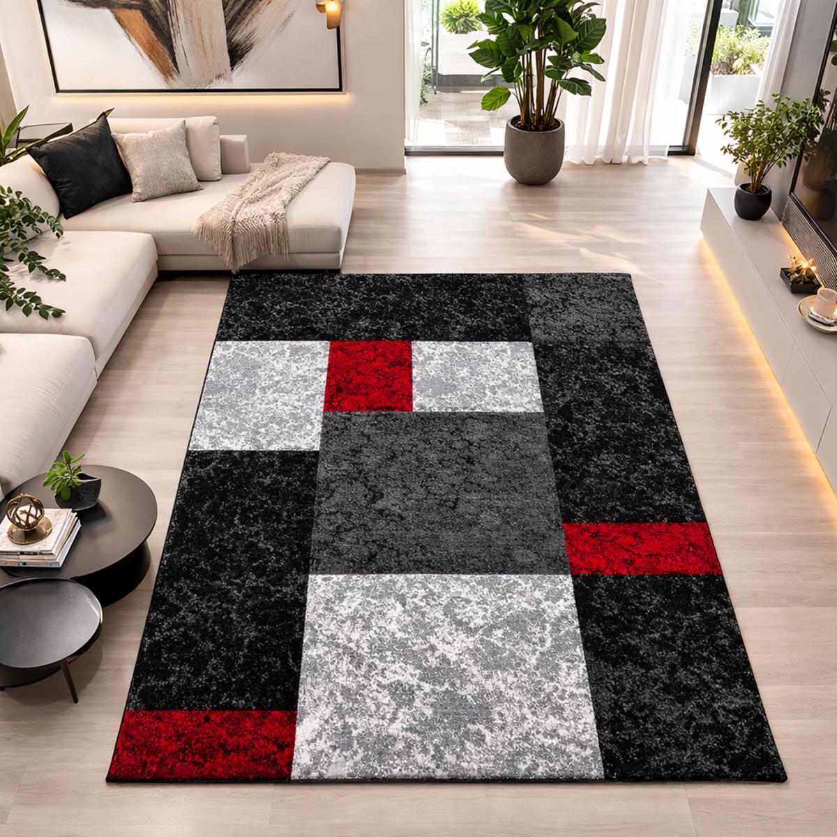 tapis grand salon 200x290 tissé rouge et gris rectangle motif géométrique - 5