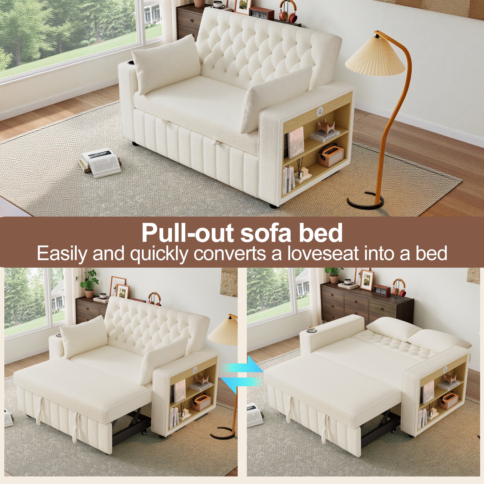 Canapé pliant moderne pour 2 personnes - avec porte-gobelets - avec ports de charge USB - avec coussins - tissu chenille - beige - 4