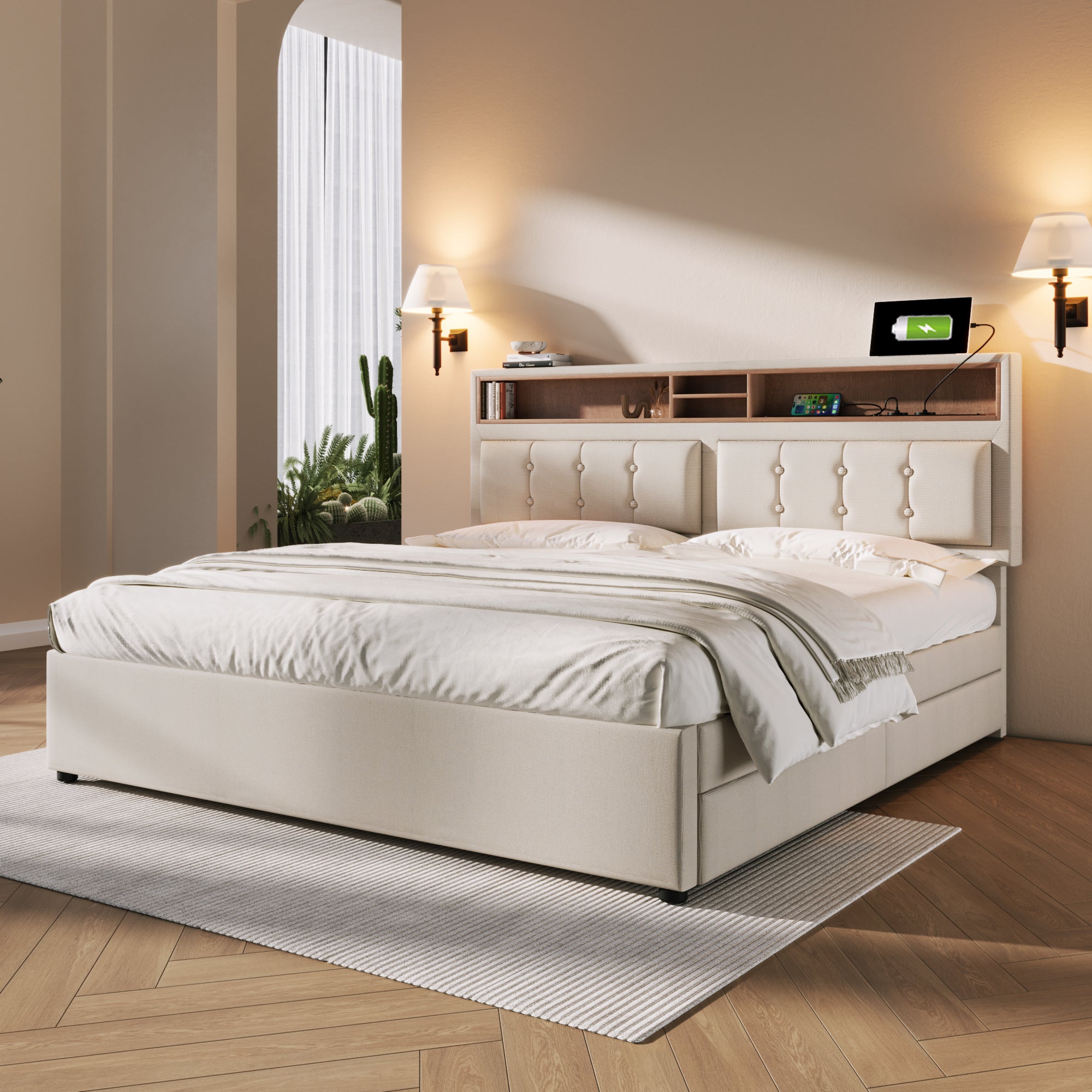 Lit Double Avec 4 Tiroirs Et Prise Usb C - 160 X 200 cm - Tête De Lit Réglable En Hauteur - Sommier À Lattes En Bois - Sans Matelas - 3