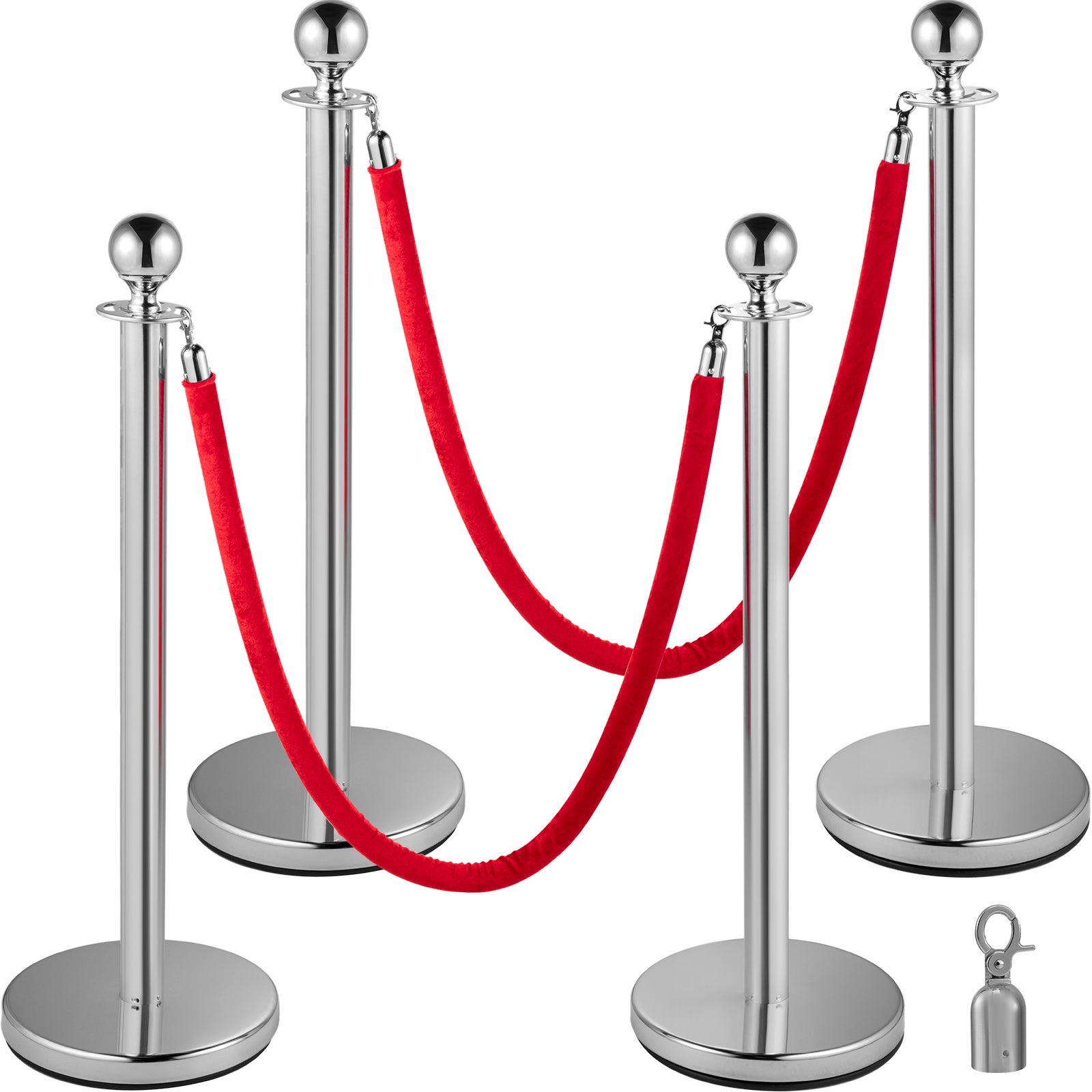 Poteau de contrôle des foules SucceBuy en acier inoxydable, tête ronde argentée avec corde rouge de 1,5 m, barrière file d’attente - 3