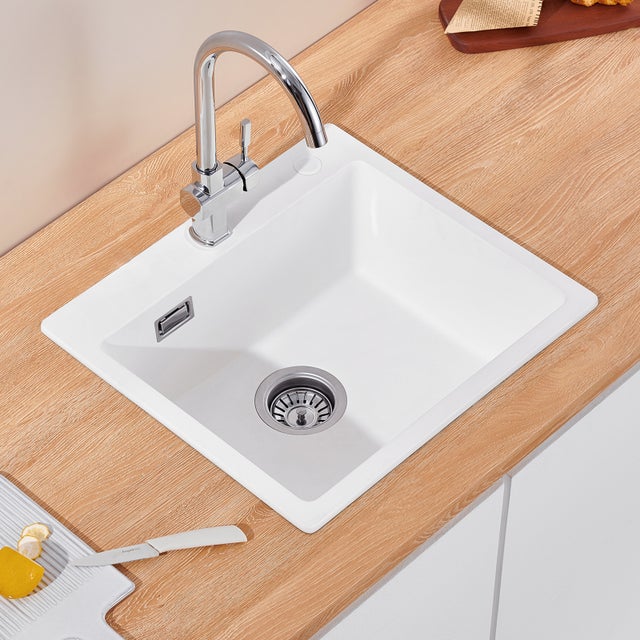 CECIPA MAX Evier de cuisine en Granit 50x45cm, Evier a Encastre Blanc, Eveir 1 Bac Kit de Vidage