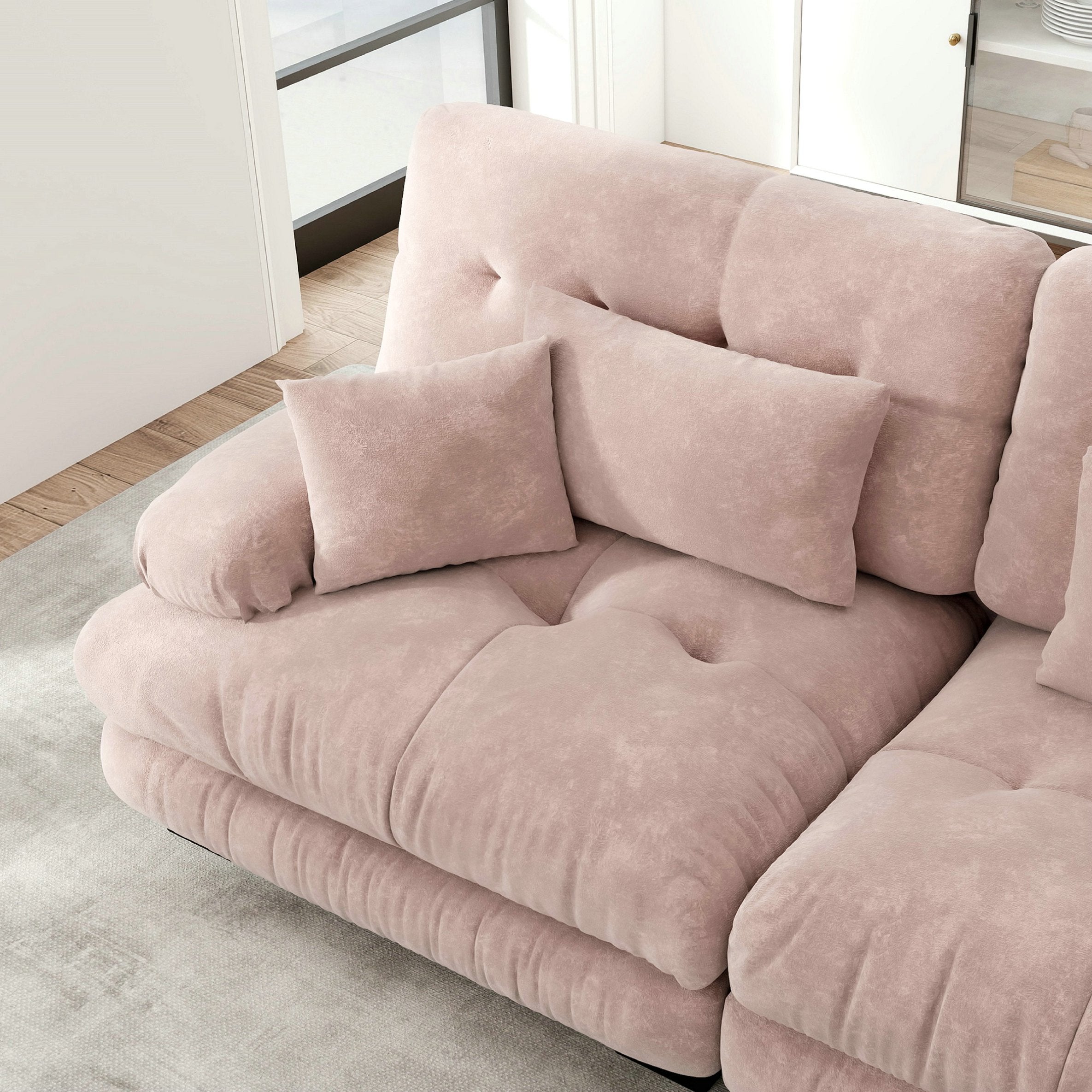 Canapé d\'angle modulable, ensemble en forme de U 4 places confortable effet nuage - avec pouf amovible - chenille - rose - 5