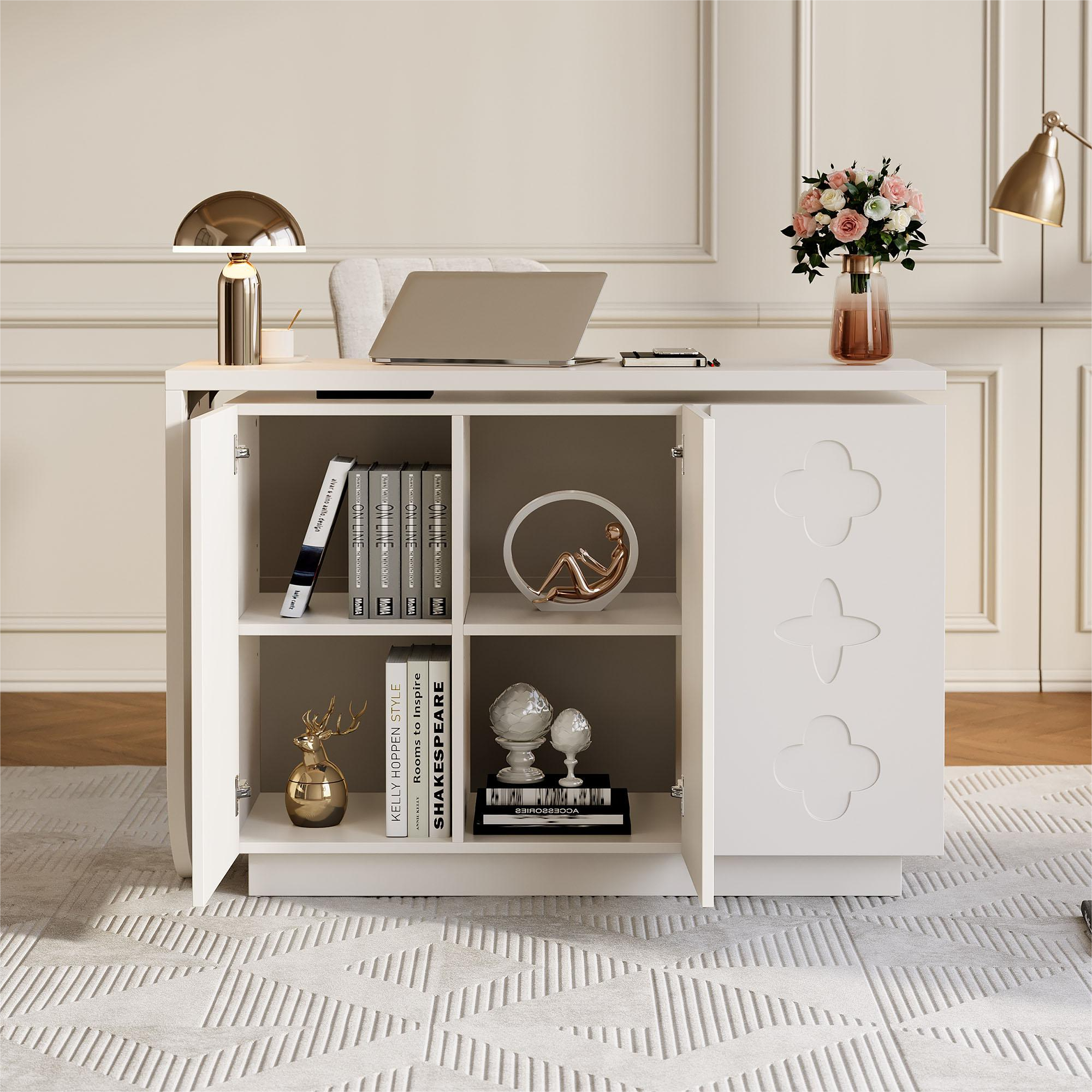 Bureau d'angle en L blanc avec rangement intégré, plateau pivotant à ...
