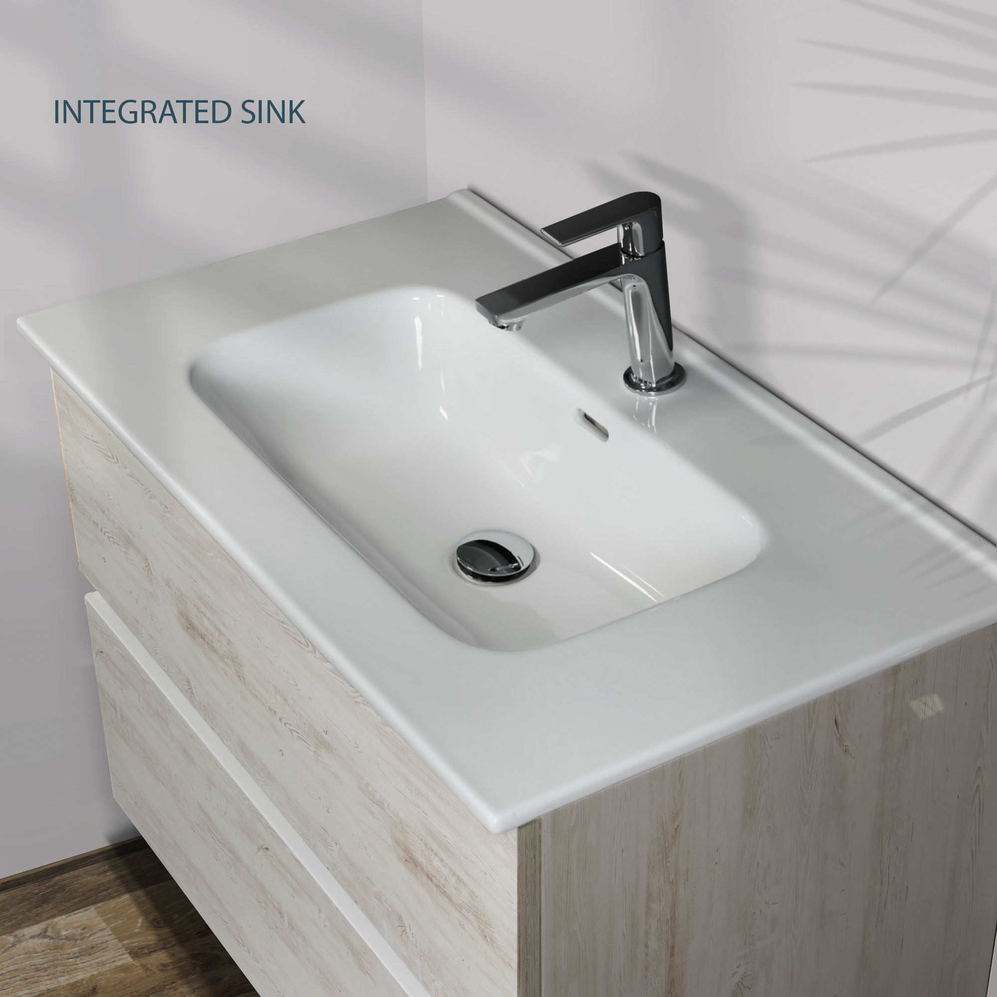 Feel Your Bath, Mueble de Baño Serie PANTER Blanco Caliza 100 cm con Encimera Integrada y Espejo Redondo LED 100 cm, 2 Cajones - 5