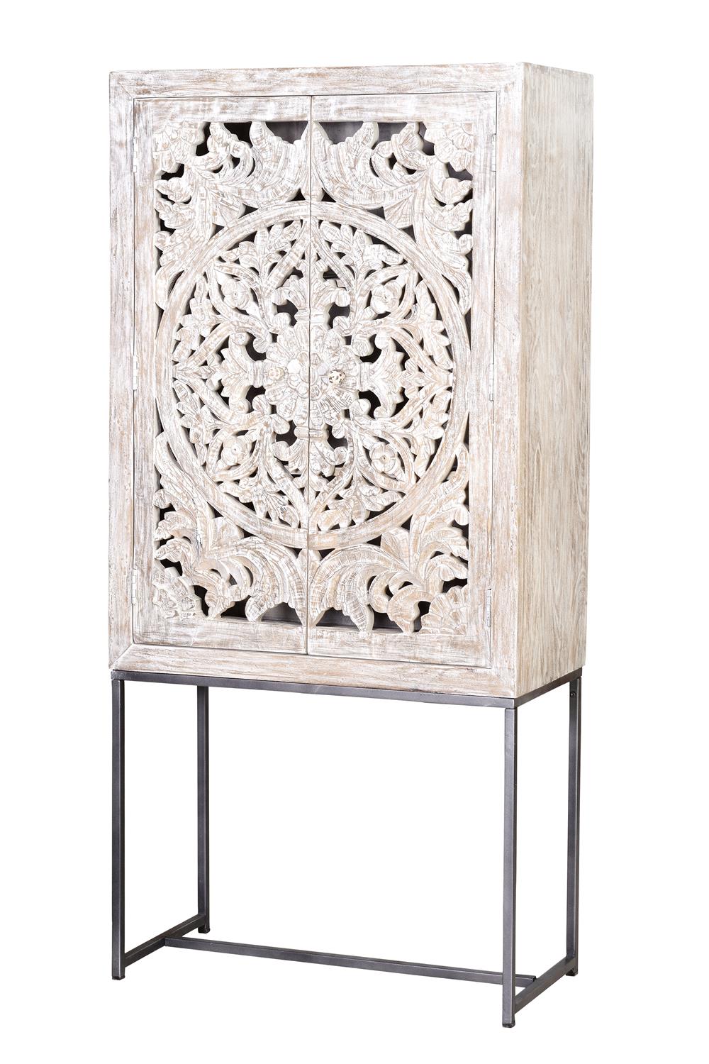 Vitrina madera mango, patas metal blanco y gris envejecido blanco. 176x38x85