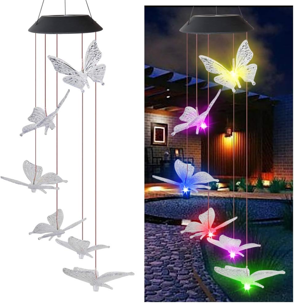 Dzwonek wiatrowy Solar Butterfly z lampą wiatrową, dekoracja ogrodowa, kolorowa, 6 diod LED, dzwonek wiatrowy Solar z czarną powłoką, przezroczysty mo