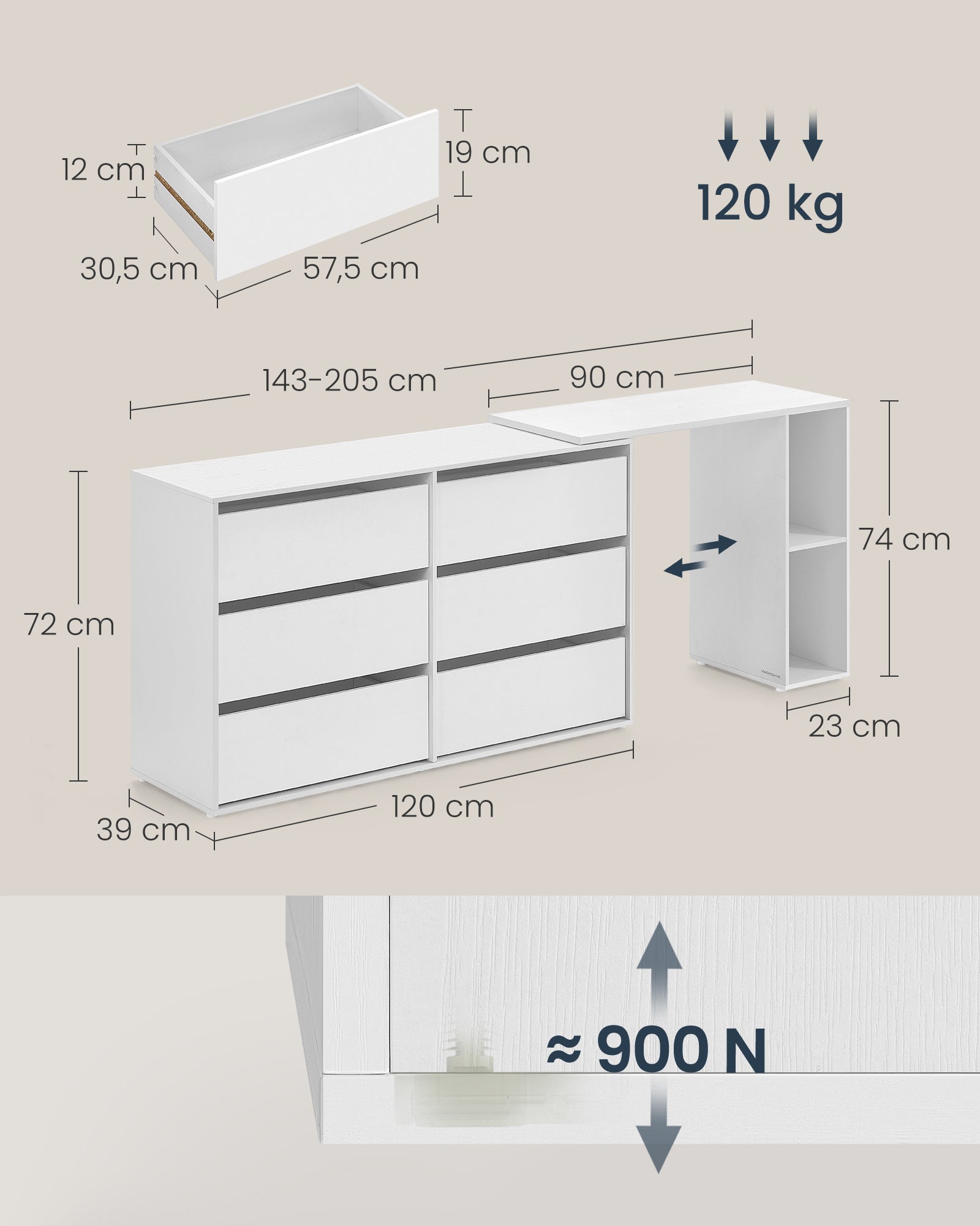 Assemblage Rapide sans Outils Toolless, Commode, Meuble de Rangement, Coiffeuse avec Étagère, Côte à Côte ou en L, pour Chambre, Bureau, Blanc Neige - 5
