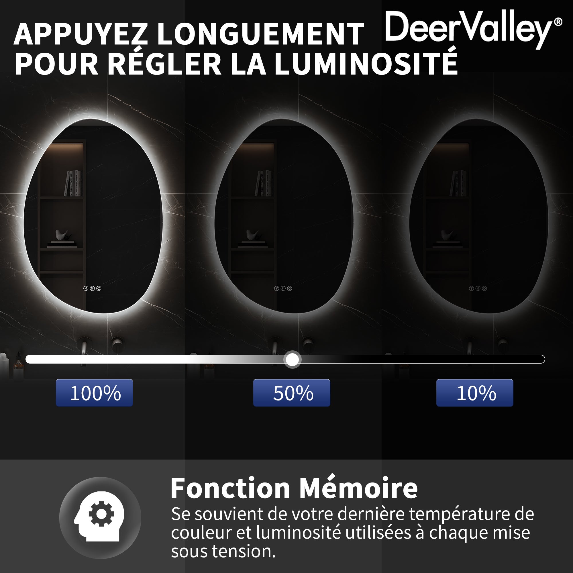 Miroir de Salle de Bain LED 50x70cm – Anti-buée, Bluetooth, 3 couleurs 3000K-6000K – Miroir lumineux salle de bain variateur & mémoire - 6
