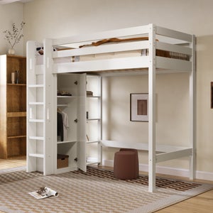 Lit Mezzanine 90x200cm Avec Bureau Et Escalier - Bois Massif Blanc - Idéal Chambre Adolescent, Petit Espace