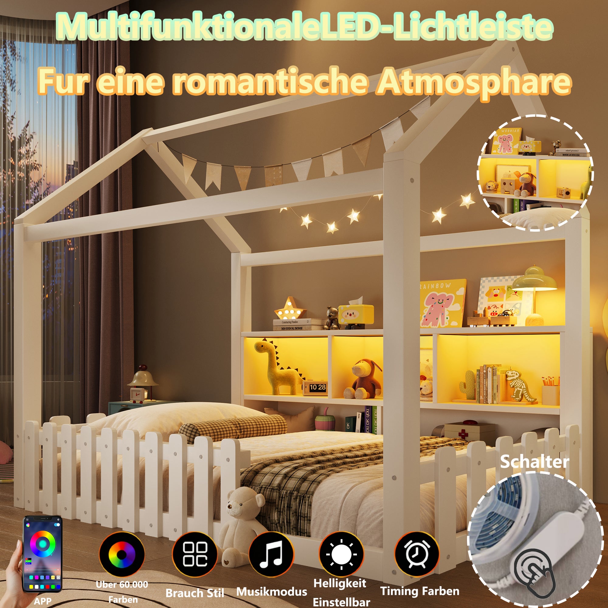 Lit cabane enfant 90x190 cm avec bande LED, Lit enfant avec barreaux, rangements ouverts, Lit plat en pin, style minimaliste, blanc,&nbsp;Sans matelas - 5