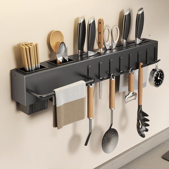 Uchwyt na pałeczki i noże kuchenne montowany na ścianie, wbudowany organizer, 8 haczyków, czarny, 50*6*6,7 cm