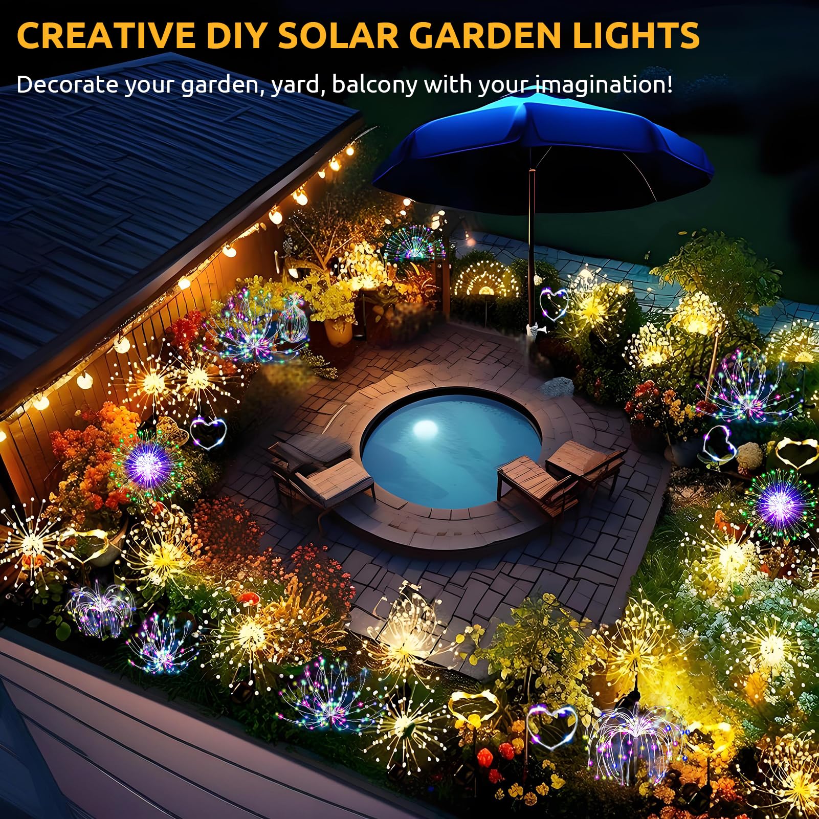 Lot de 2 lampes solaires extérieures 120 LED,effet feu d’artifice,IP65 étanche,8 modes d’éclairage,pour terrasse,jardin,chemins,décor blanc chaud - 2