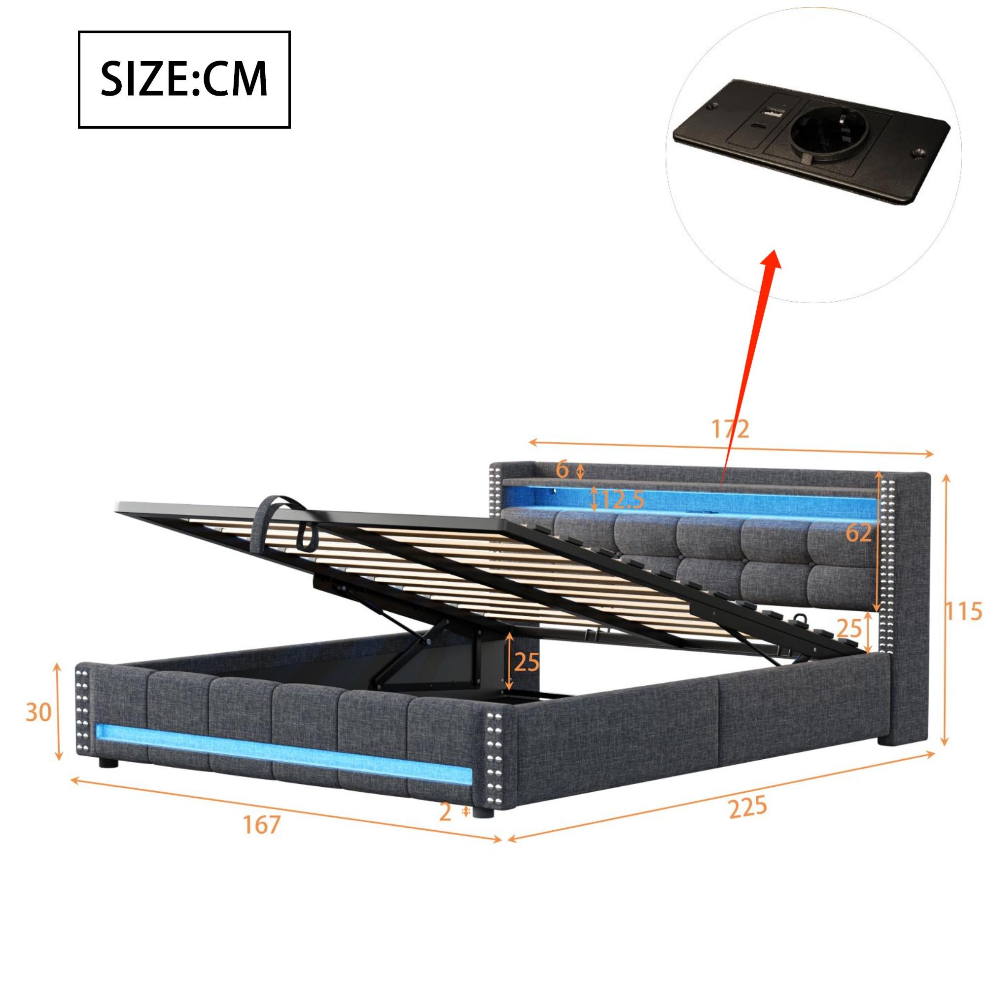 Cama con almacenaje de lino 160x200 cm - con LED y toma USB - con somier - Gris - 5