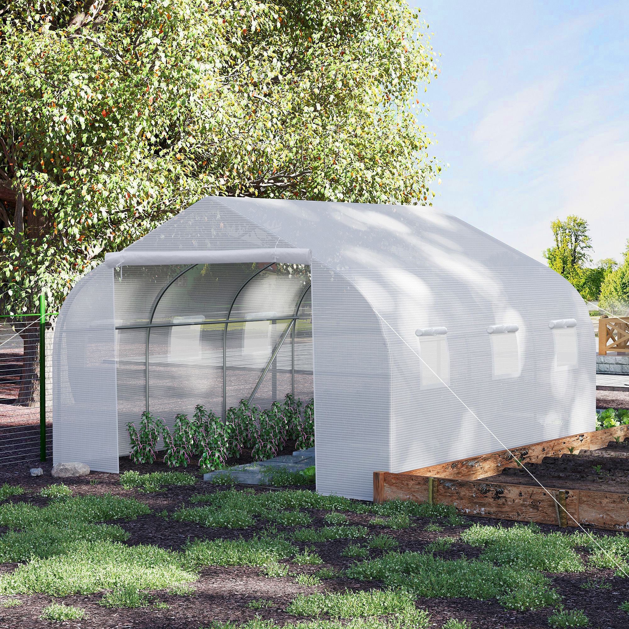 Serre Tunnel de Jardin 13,35 m² dimensions 4,5L x 3l x 2H m Porte + 6 fenêtres enroulables Acier galvanisé bâche PE Haute densité Blanc - 4