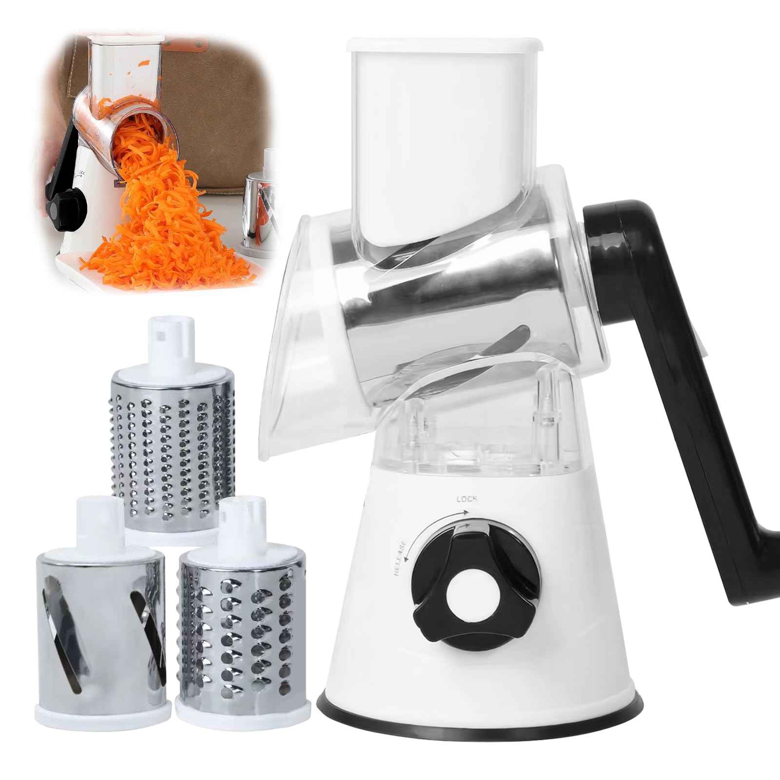 Râpe à Fromage rotative avec 3 Lames interchangeables et Base à antidérapante, râpe à Fromage trancheuse à légumes Manuelle pour Fromage, concombres, Carottes et Plus Encore Black