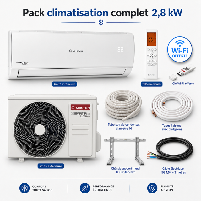 Pack climatisation monosplit Alys Ariston 2,8 kW + kit d'installation