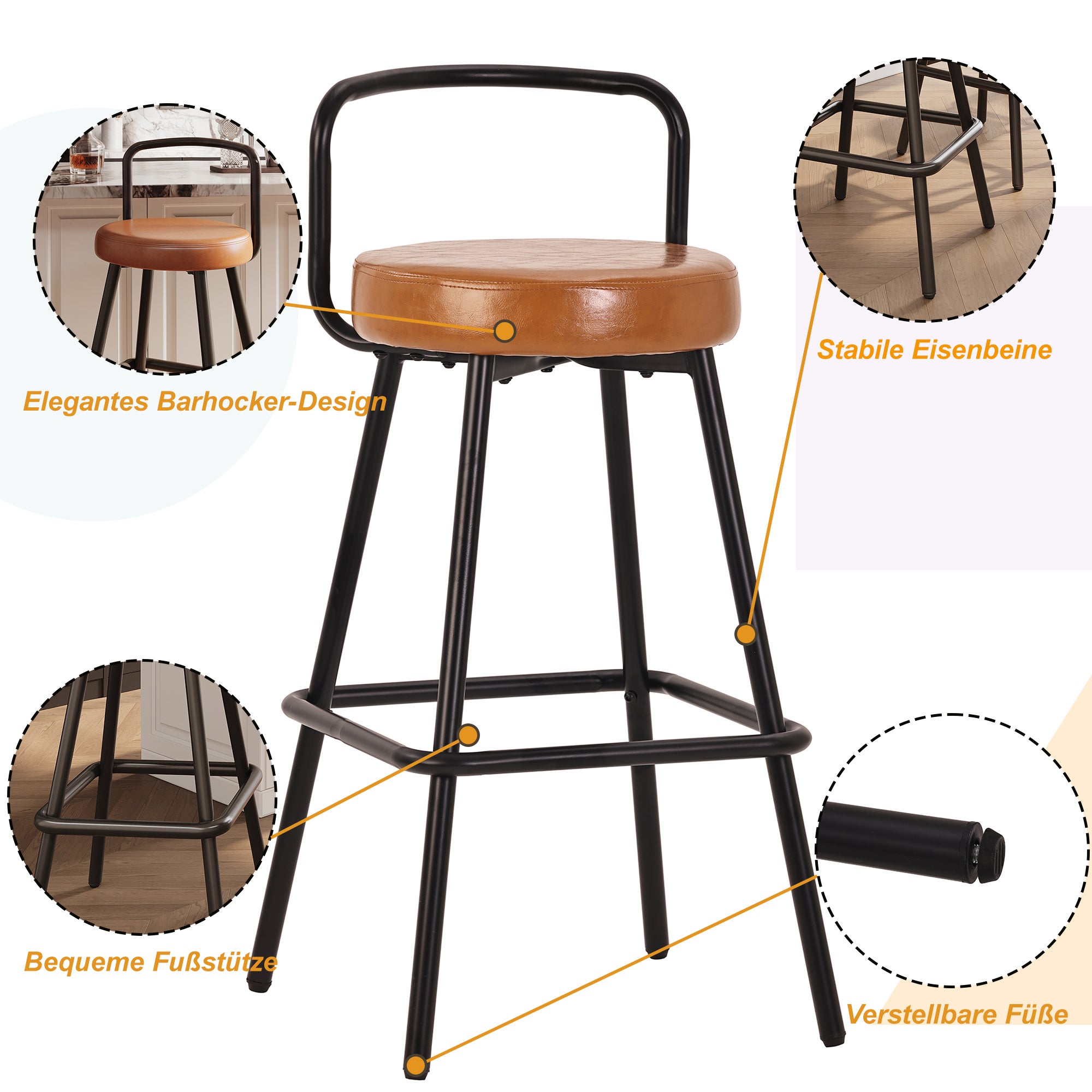 Lot de 4 Tabourets de Bar Modernes en PU Marron, Chaise de bar Dossier Ergonomique avec Pieds Métal Noir, Hauteur 90,5 cm, pour Cuisine ou Bar - 5