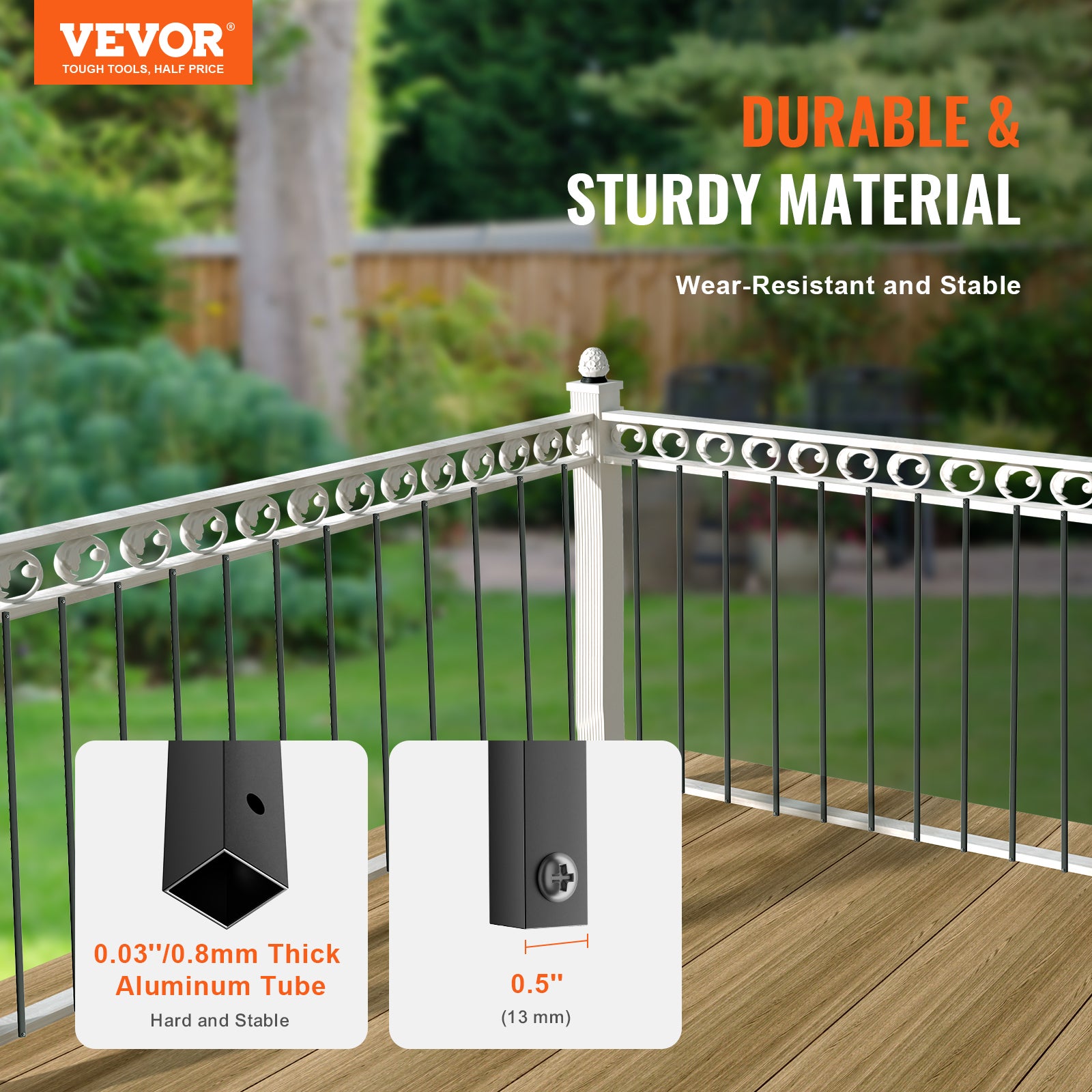 Balustres en métal,VEVOR 1118x13mm,tiges rampe carrées alliage d'aluminium,11balustres pont vis,balustrade droite creuse classique,revêtement - 2