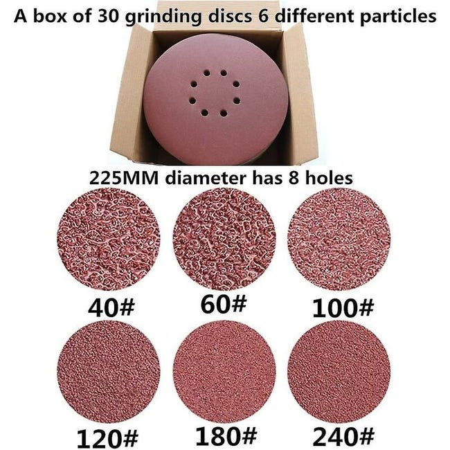 Dischi abrasivi professionali, 30 pezzi, 8 fori, 225 mm, ognuna con 5 Dischi abrasivi professionali, 30 pezzi, 8 fori, 225 mm, ognuna con 5