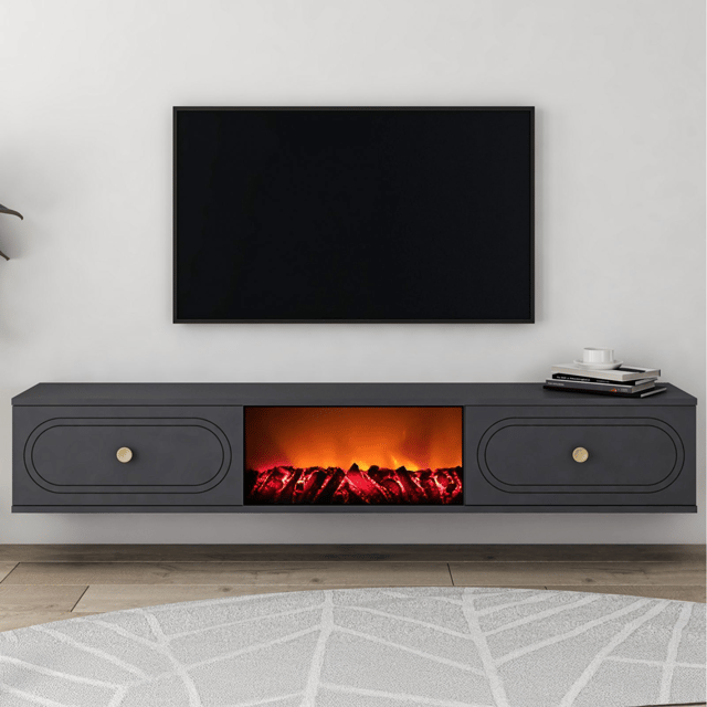 Meuble TV avec cheminée LED 150cm gris anthracite FYRI