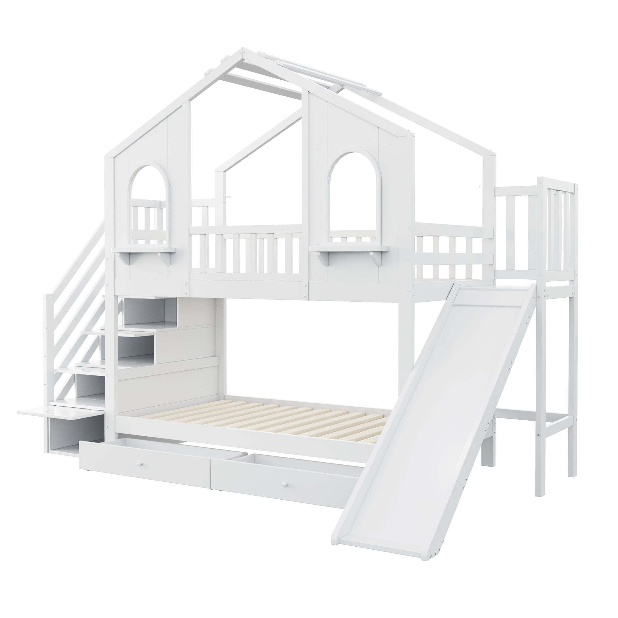 Łóżko piętrowe dziecięce 90x200 cm - Design domku - z drabinką schodkową + zjeżdżalnią - z 2 szufladami - biały (materac nie jest wliczony w cenę) - 7