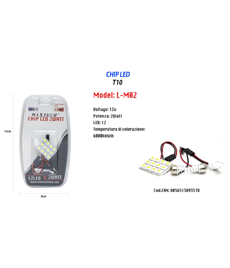 Trade Shop - Chip Led T10 2 Watt 12v 12 Led 6000k Auto Luce Ultra Luminose Maxtech L-m02 - - 2