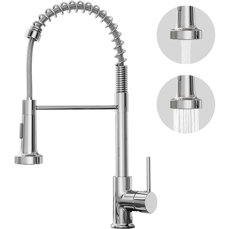 Kran kuchenny Chromowany - 2-funkcyjny mikser do zlewu kuchennego z wyciąganą słuchawką - Obrotowy kran sprężynowy 360°