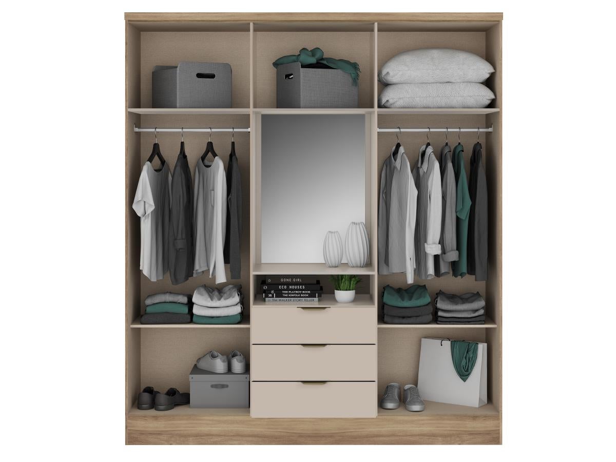 Armoire 6 portes et 3 tiroirs - Avec miroir - L180 cm - Coloris : Naturel et beige - ELORIO - 8