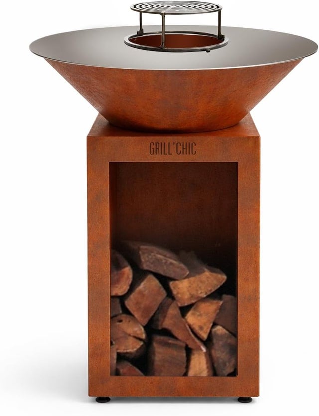 GRILL'CHIC - Pack Privilège Brasero Auvergnat Corten Bois Rond - Simple Cuve - Avec Bâche + Grille + Stop Food Inclus