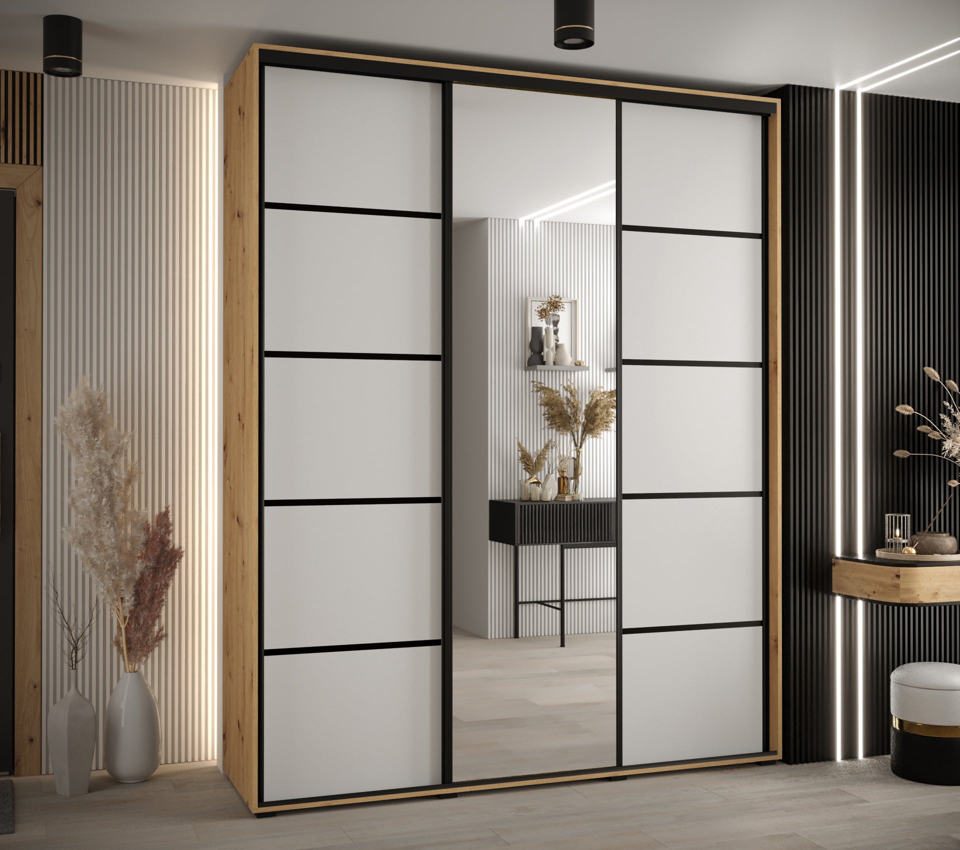 Szafa przesuwna z lustrem wysoka Davos 5 200 x 45 x 235,2 cm artisan + biały + u. czarny - Abiks Meble - 2