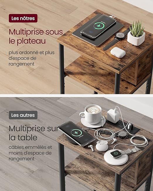 Table d'Appoint , Lot de 2, Petite Table de Chevet avec Multiprise, 30 x 34 x 58 cm, Marron Rustique et Noir - 4
