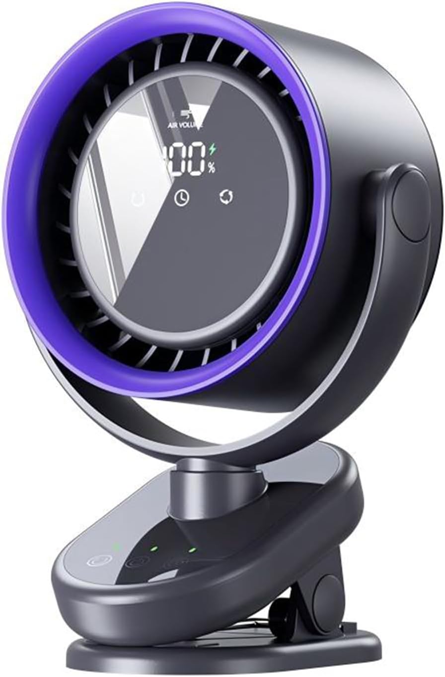 Akumulatorowy, przenośny wentylator z klipsem, wyświetlacz LED, mocny przepływ powietrza, do użytku na biurku, na zewnątrz, w podróży, na kempingu, f