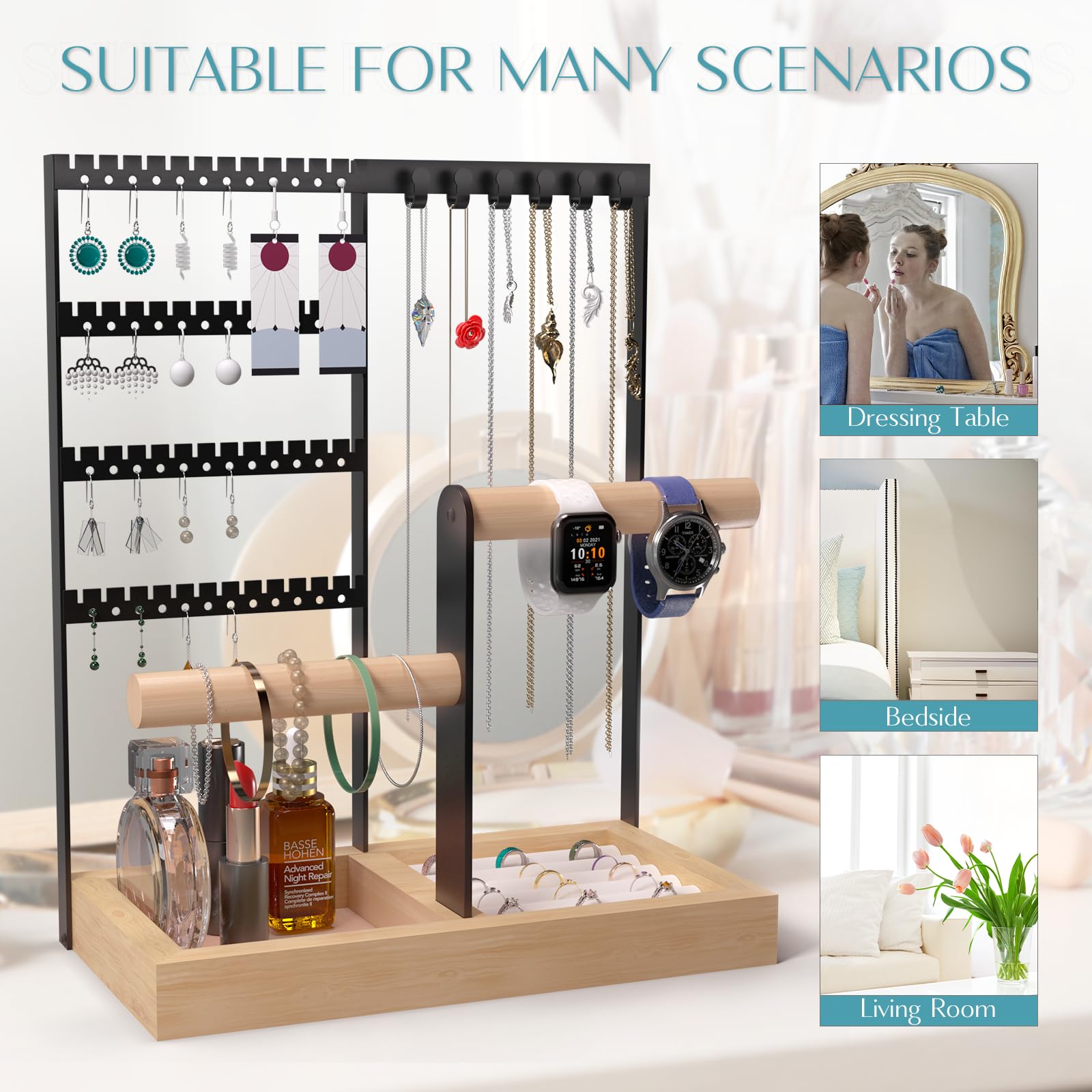 MINICLOSS Présentoir à bijoux, support à colliers et boucles d'oreilles, support à bijoux amovible à double axe (doré) - 7