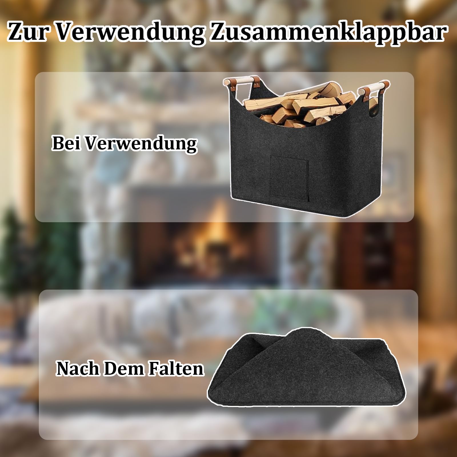 Panier à bois de chauffage, grand panier à bois de chauffage, sac en feutre, panier de rangement pour bois de chauffage, 45 x 32 x 40 cm - 4