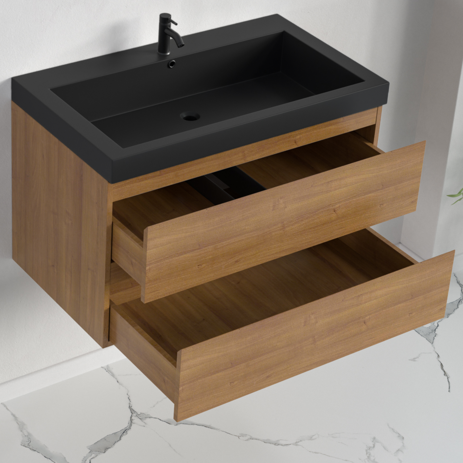 Ensemble meuble vasque 80 cm avec colonne - LOMAZOO Avalon - chêne chaud - lavabo noir - 3